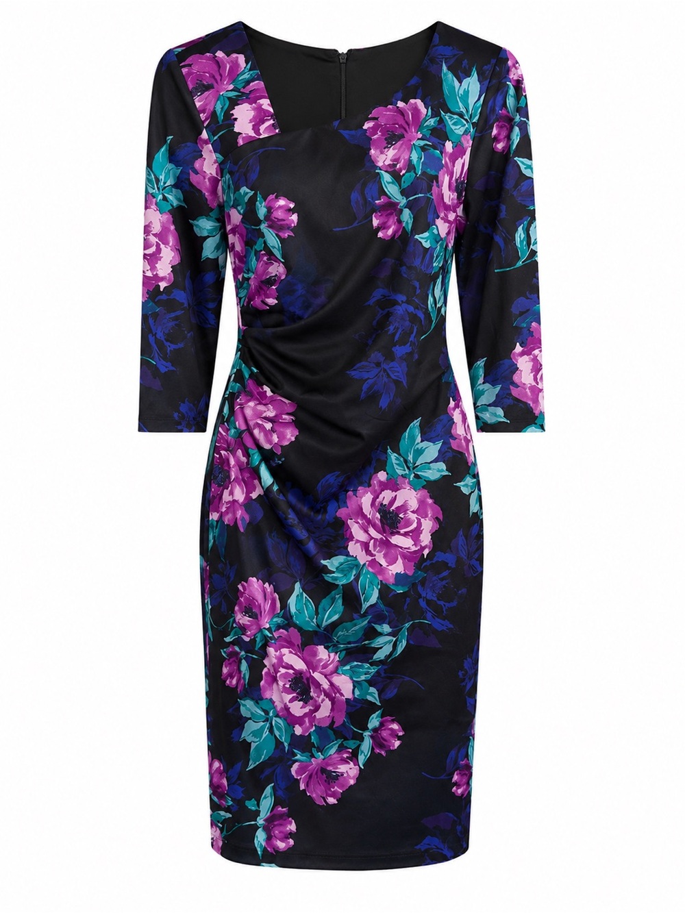 Donna Ricco Black Midi Dress Purple Floral Teal Leaves MSRP $128